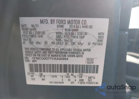 2012 Ford Escape Xlt z USA, uszkodzony, nr VIN 1FMCU0D77CKA20954